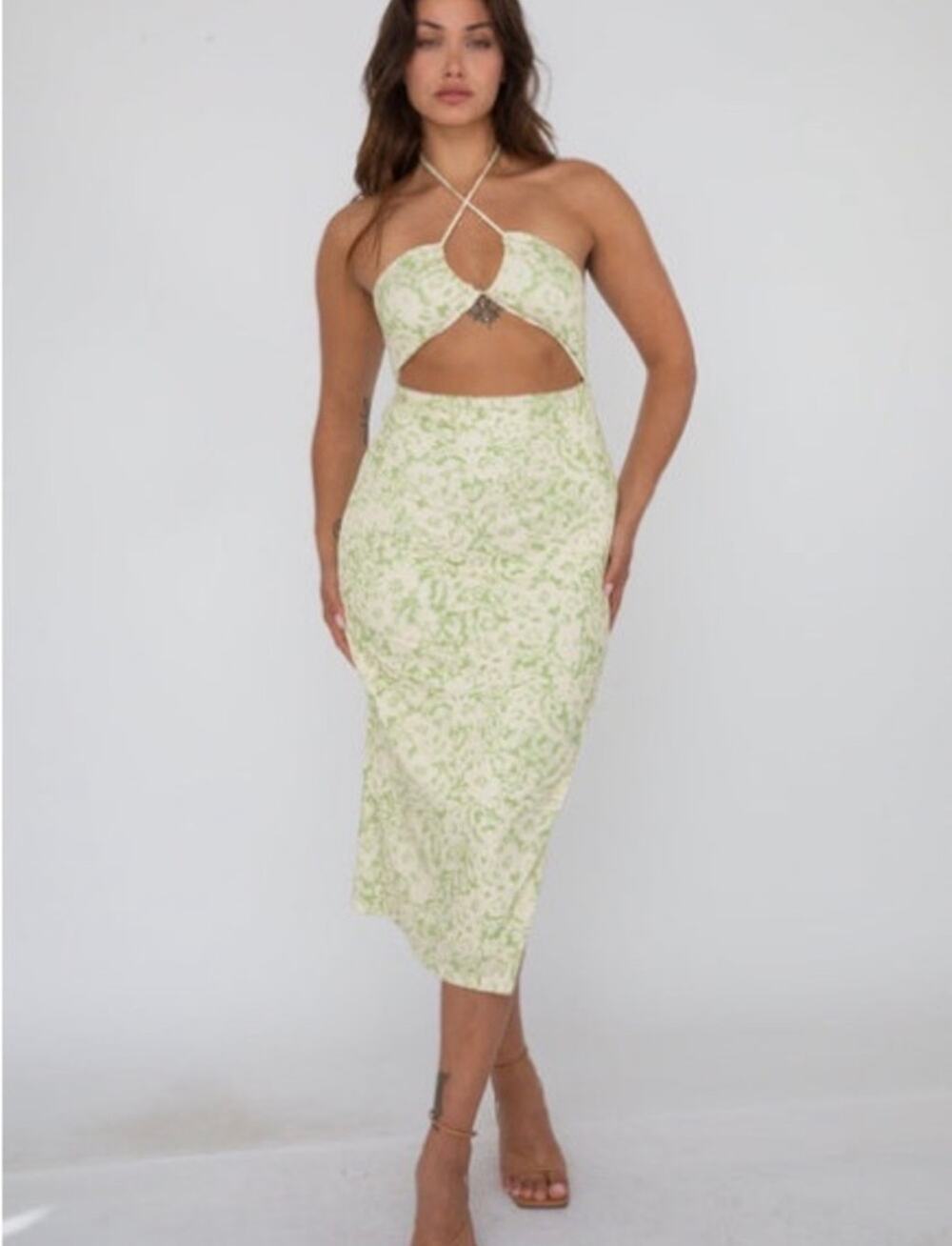 RESA Nikki Floral Cut Out Midi Dress Green Cream Small S